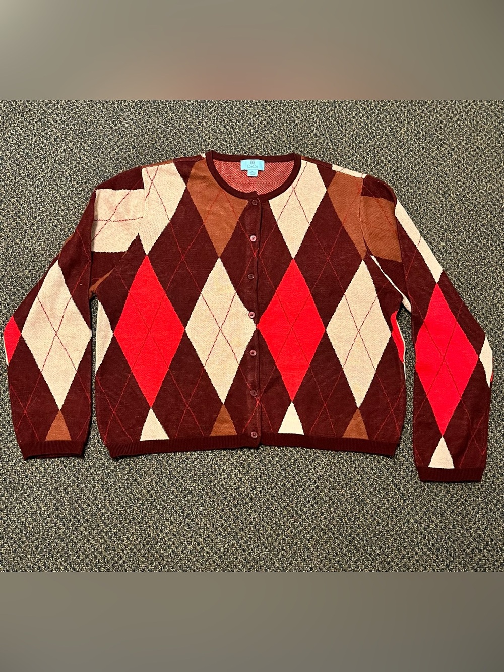 CeCe Burgundy Red Cream Brown Argyle Button Cardigan